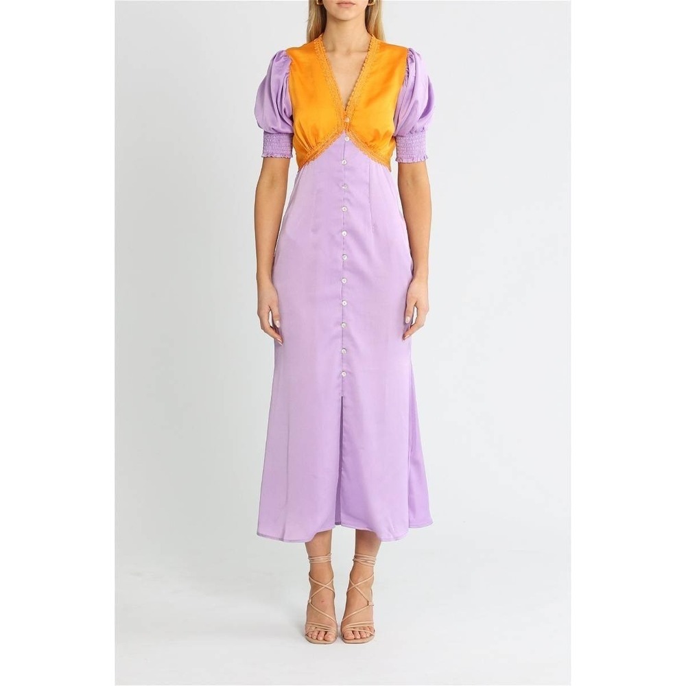 Never Fully Dressed‎ Lindos Colorblock Midi Dress Lilac Orange Puff Sleeve US 6